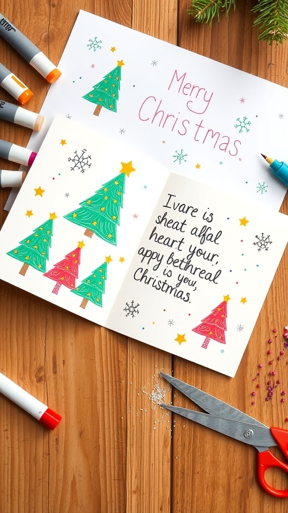 A handmade Christmas card with festive decorations and craft supplies on a table.